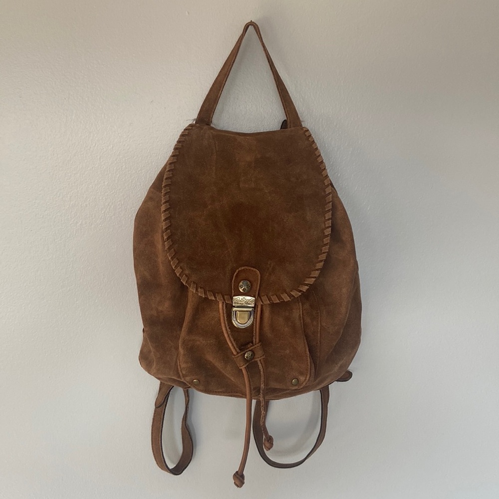 Patricia Nash Casape Backpack in Burnished Suede Cognac, braided trim, durable
